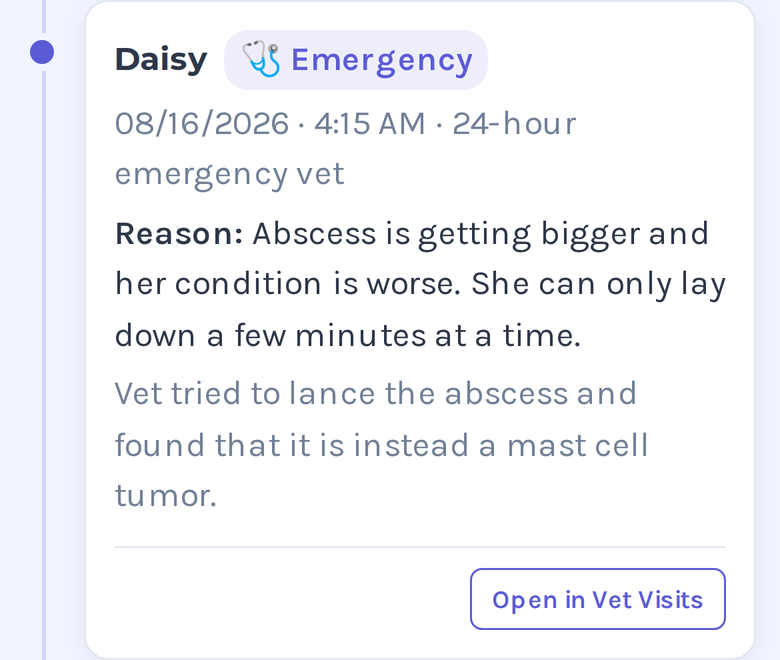 A Pawfolio timeline card: Daisy, Emergency, 08/16/2026 at 4:15 AM at a 24-hour emergency vet. The vet tried to lance the abscess and found that it is instead a mast cell tumor.