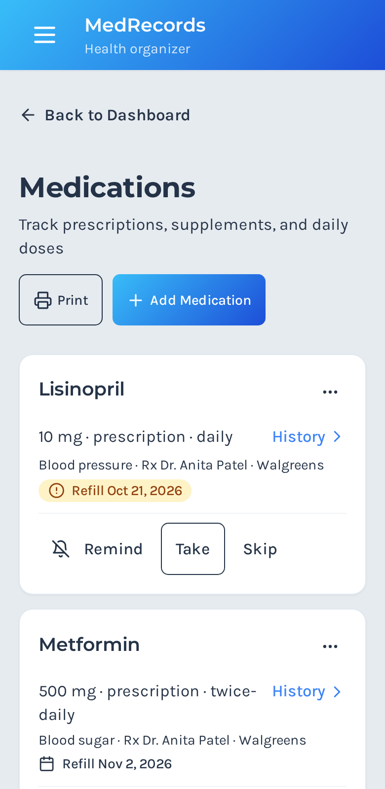 MedRecords medications screen: Lisinopril 10 mg daily with a refill date, and Metformin 500 mg twice daily.