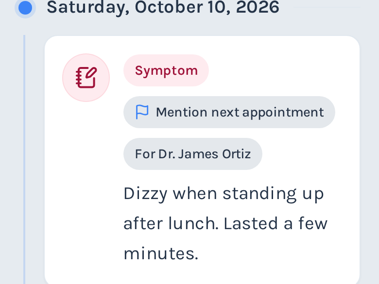 A MedRecords timeline: a dizziness note flagged for Dr. James Ortiz, then the annual checkup.