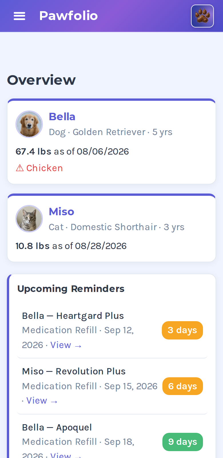 Pawfolio overview screen showing two pets with their latest weights and upcoming reminders.