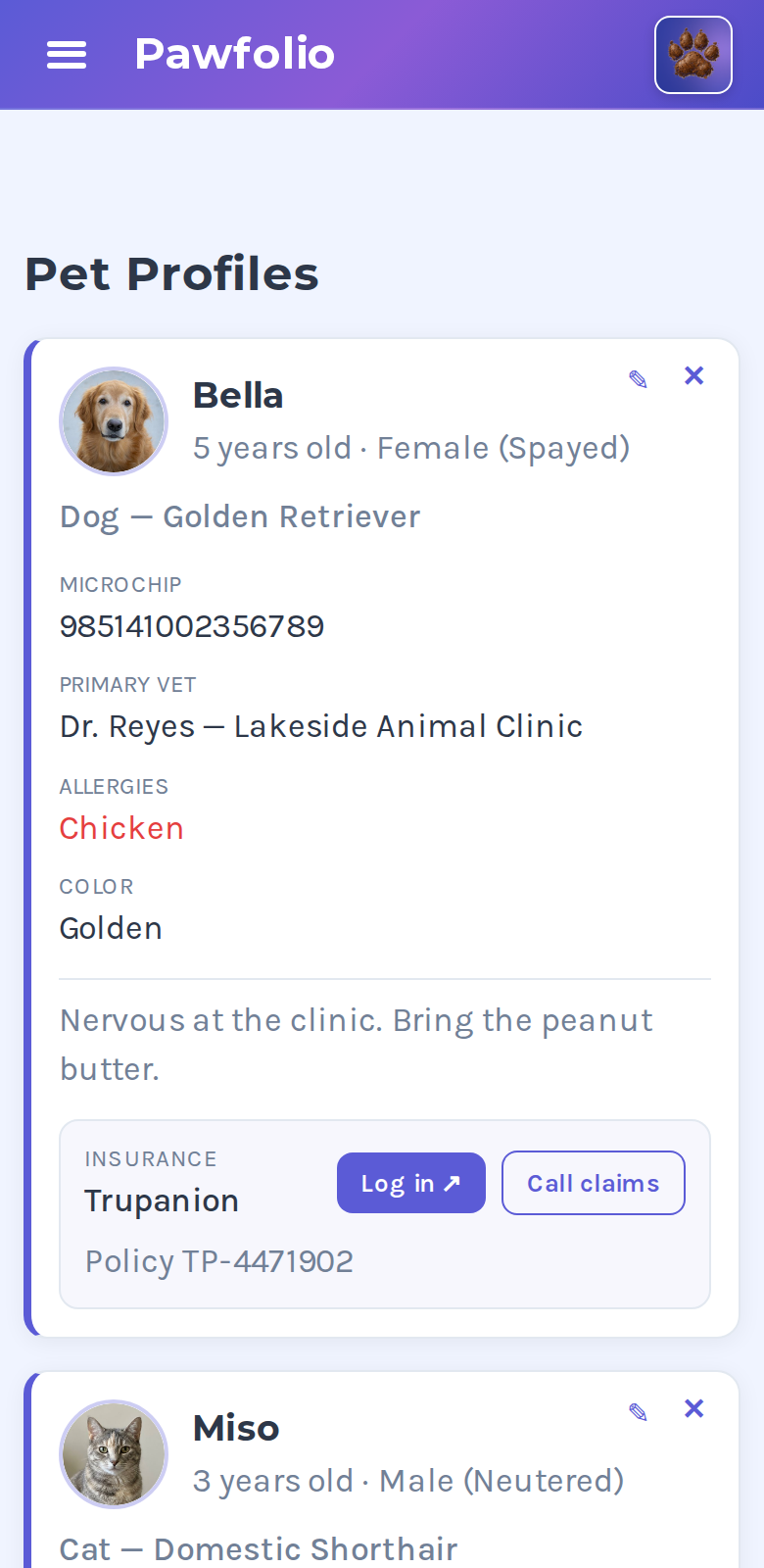 Pawfolio pet profiles screen showing a dog and a cat with breed, age, microchip and allergy details.
