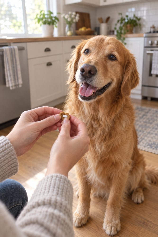 Hands giving a pill in a treat to a golden retriever in a kitchen.